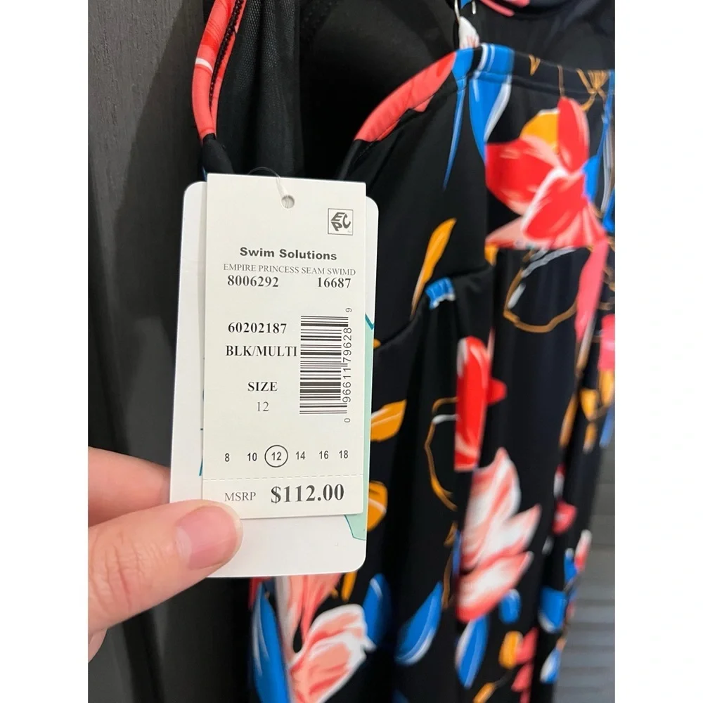 Swim Solutions Black Floral Print Empire Dress Size 12 - Picture 5 of 8